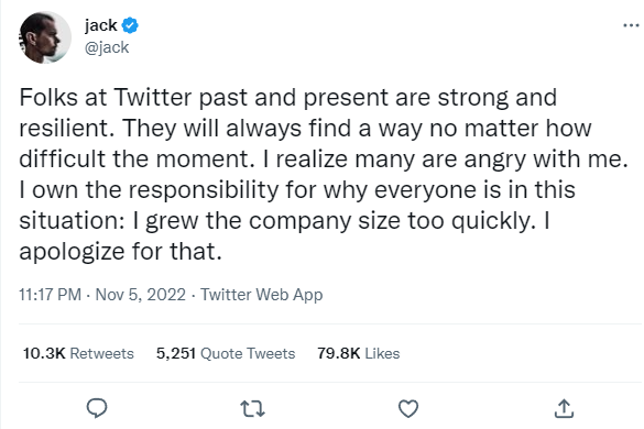 马斯克裁撤推特一半员工 创始人道歉：我让公司发展太快了